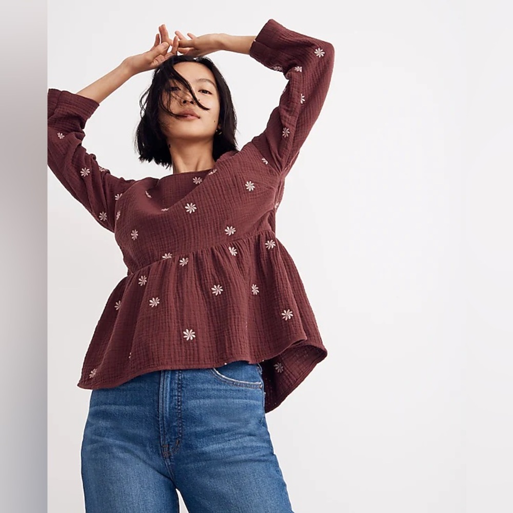 Madewell Brown Floral Embroidered Top